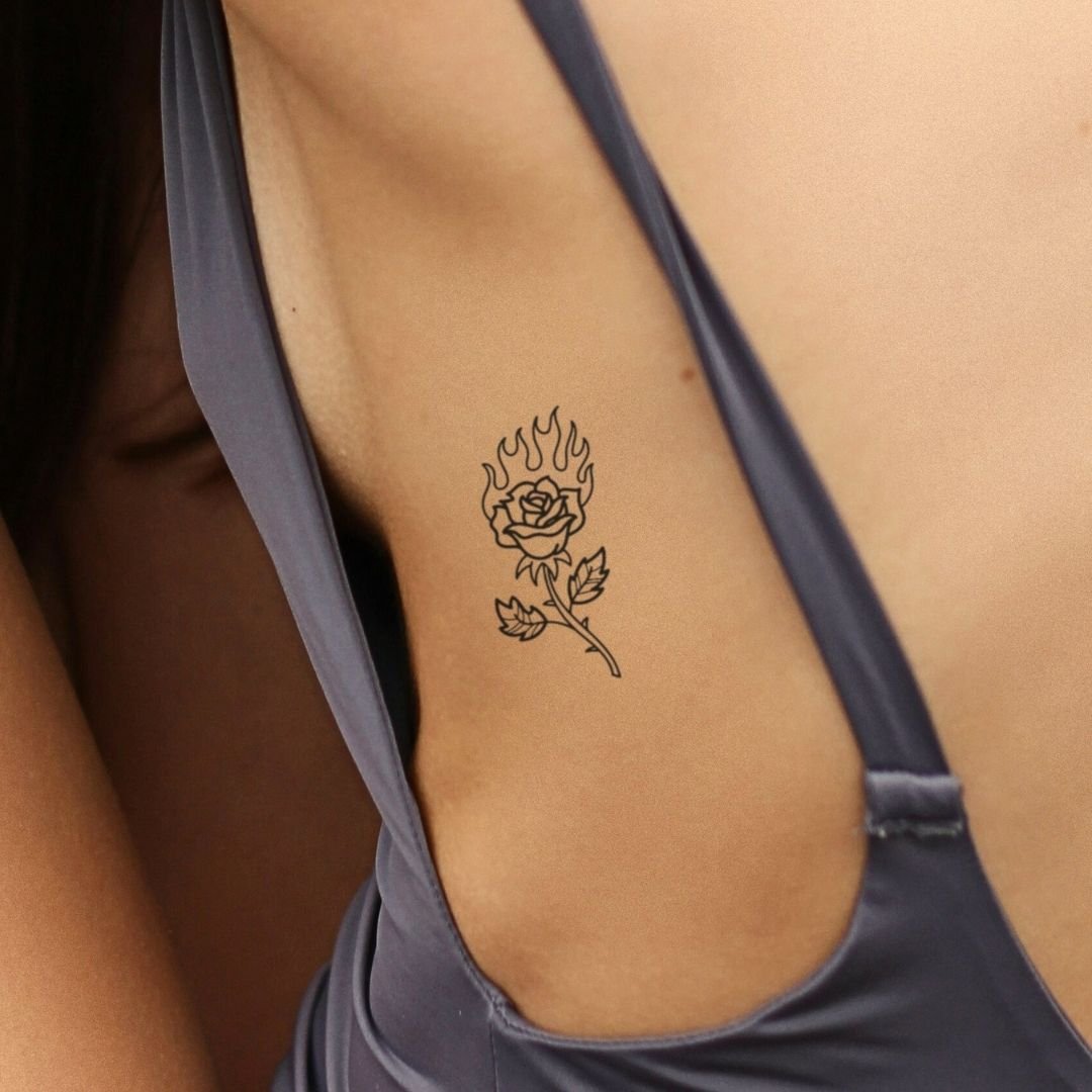 Flaming rose temporary tattoo with stem and leaves - 1 | Temporalis