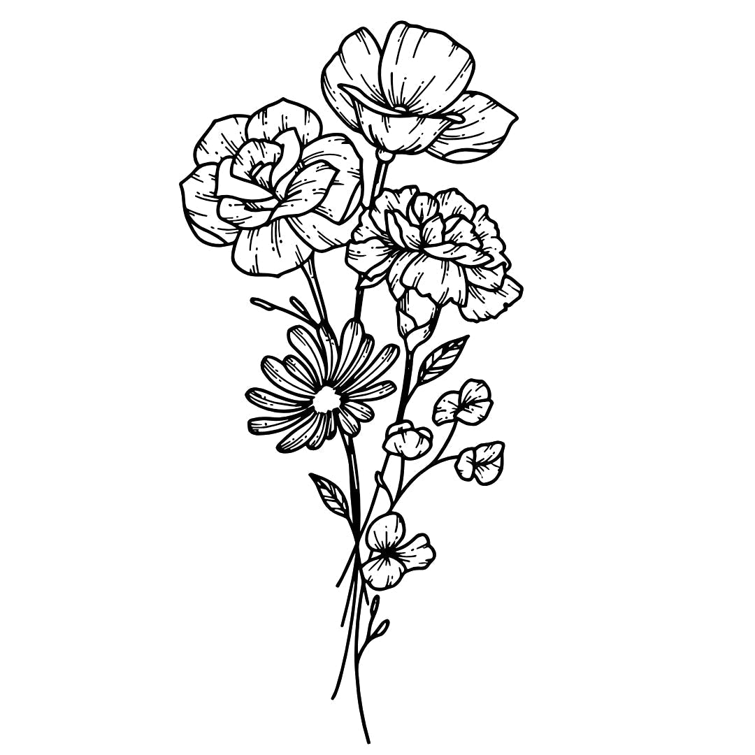 Floral bouquet temporary tattoo with rose, carnation and daisy - 2 | Temporalis