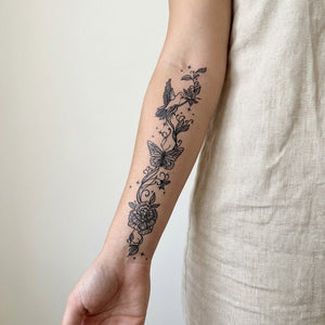 Floral Hummingbird Banner Tattoo - 1 | Temporalis