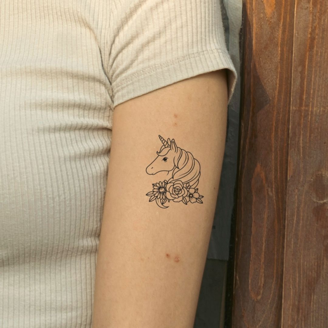 Floral unicorn head temporary tattoo - 1 | Temporalis
