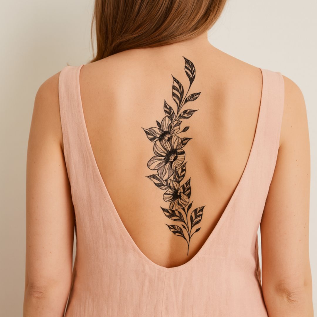 Flowering branch temporary tattoo with leaves and buds - 1 | Temporalis