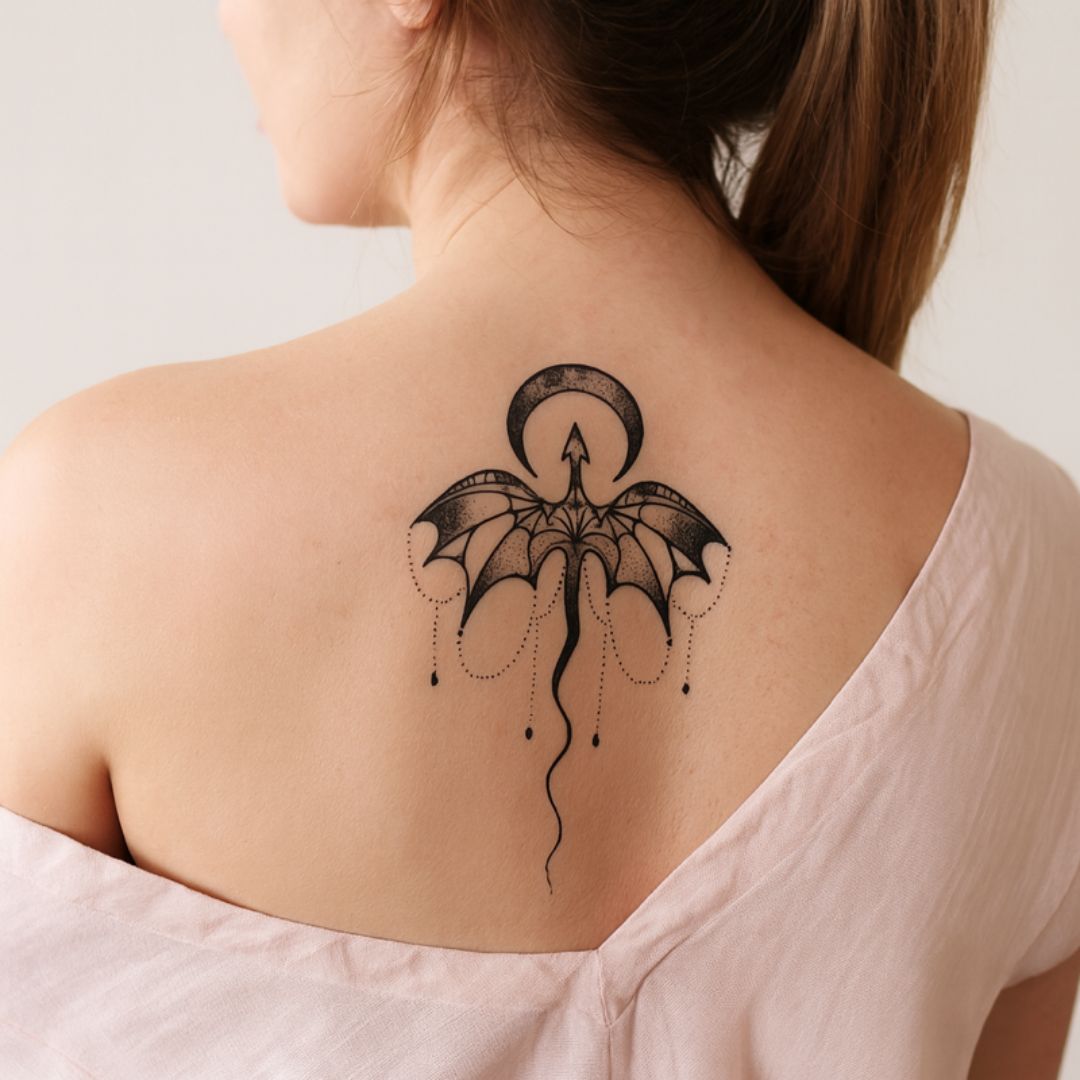 Flying dragon and crescent moon temporary tattoo - 1 | Temporalis