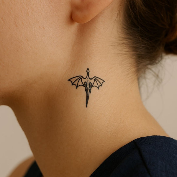 Flying dragon temporary tattoo in Japanese Ryujin style, deep blue-black jagua ink