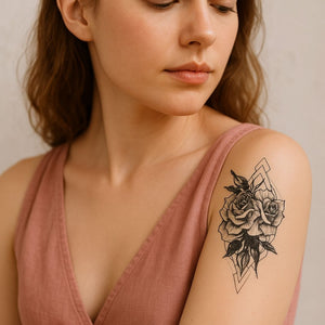 Geometric rose temporary tattoo with buds - 1 | Temporalis