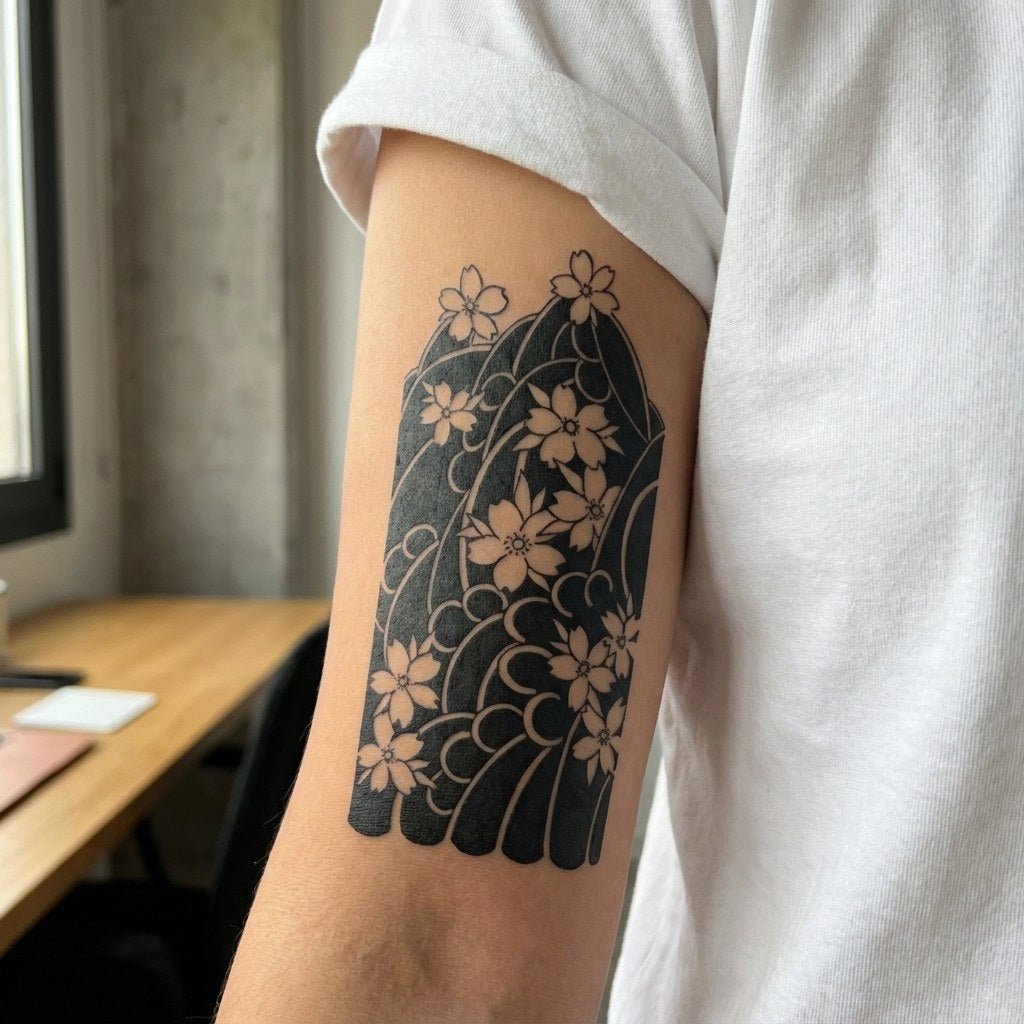 Japanese Cherry Blossom Wave Tattoo - 1 | Temporalis