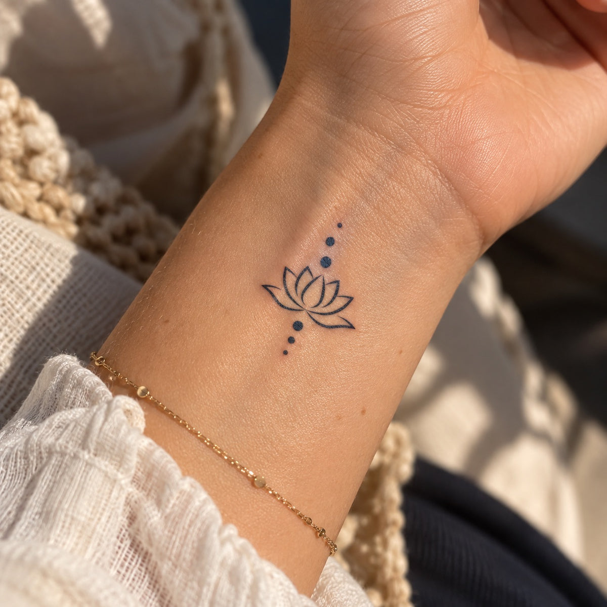 Tatuaggio mini fiore di loto a sette petali tra due colonne di punti | Temporalis