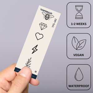 Mini set of 5 temporary tattoos: leaf, bee, lightning, diamond, heart - 4 | Temporalis