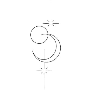 Minimalist line art crescent moon, circle and stars temporary tattoo - 2 | Temporalis