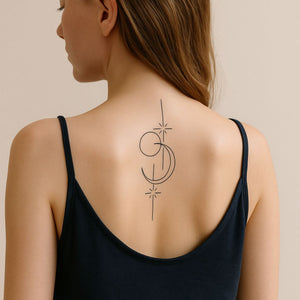 Minimalist line art crescent moon, circle and stars temporary tattoo - 1 | Temporalis