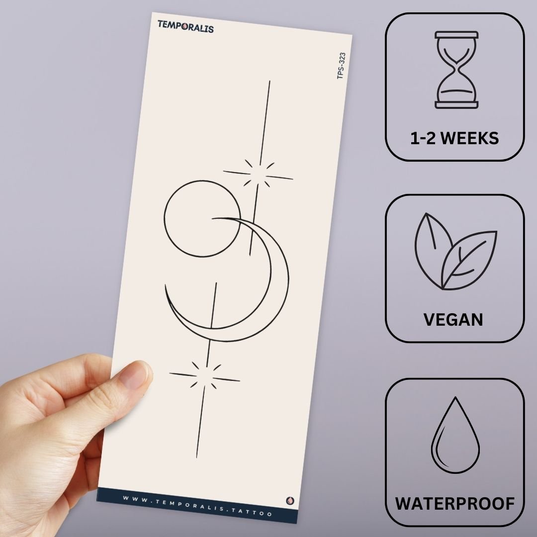 Minimalist line art crescent moon, circle and stars temporary tattoo - 3 | Temporalis