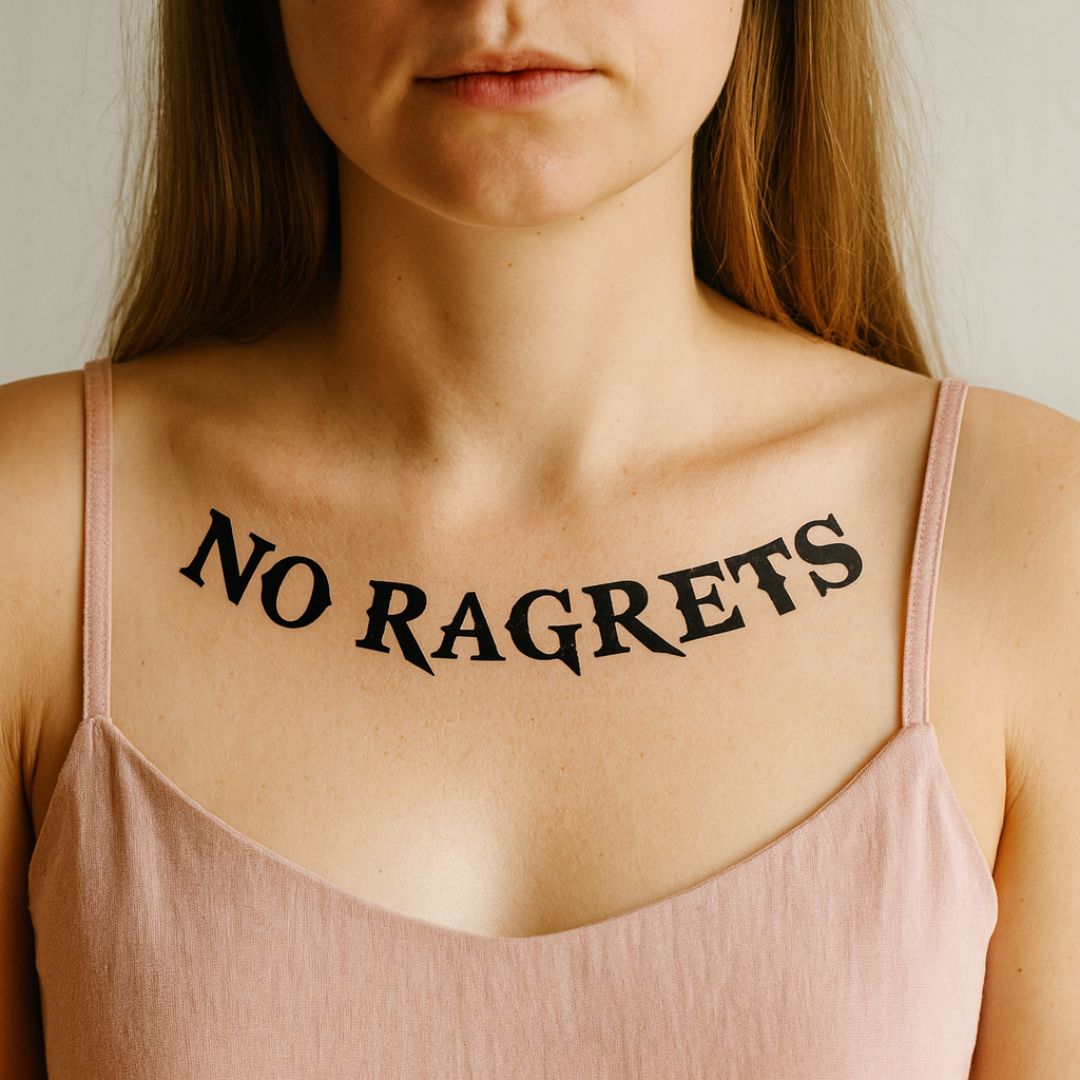 Midlertidig tatovering 'No Ragrets' med bevidst stavefejl, kraftig lettering i jaguablæk