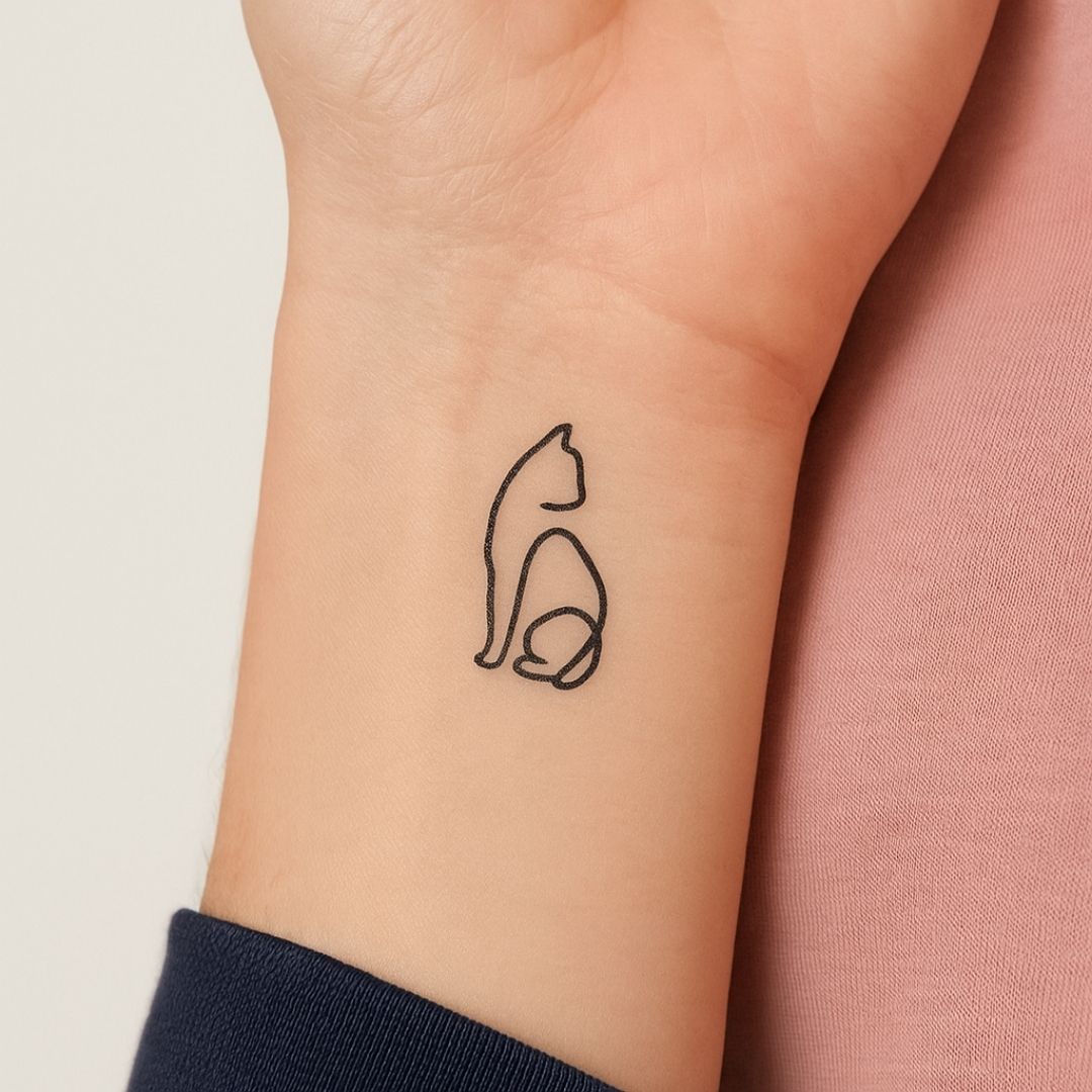 One - Line Sitting Cat Temporary Tattoo - 1 | Temporalis