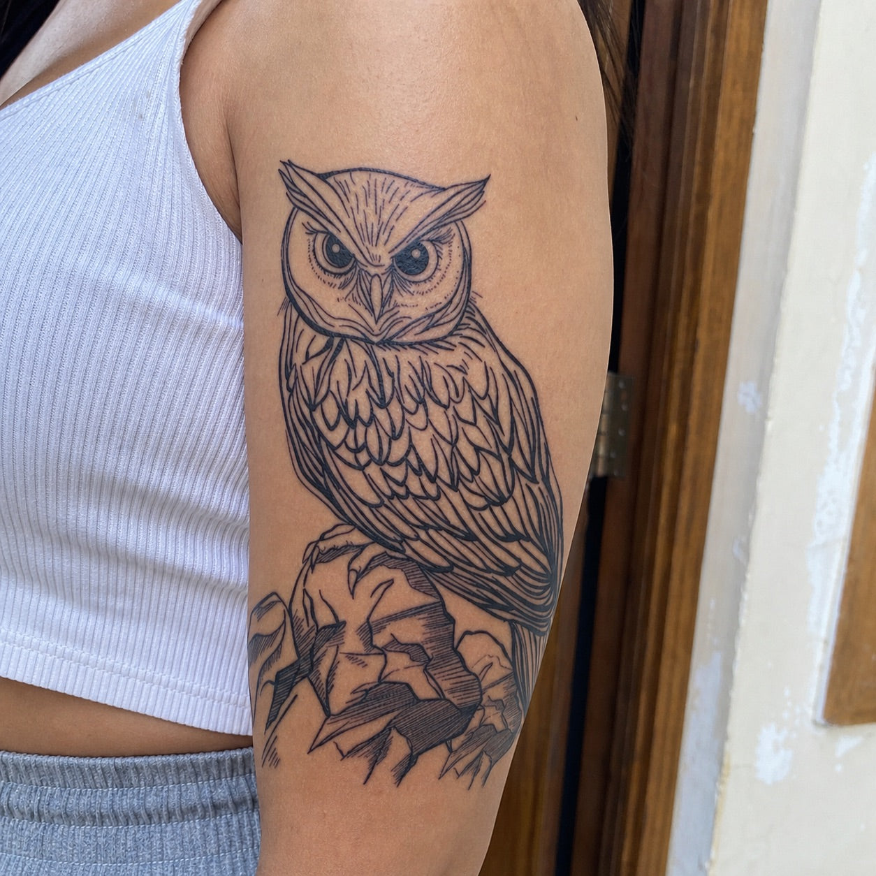 Perched Owl on Rock Tattoo - 1 | Temporalis