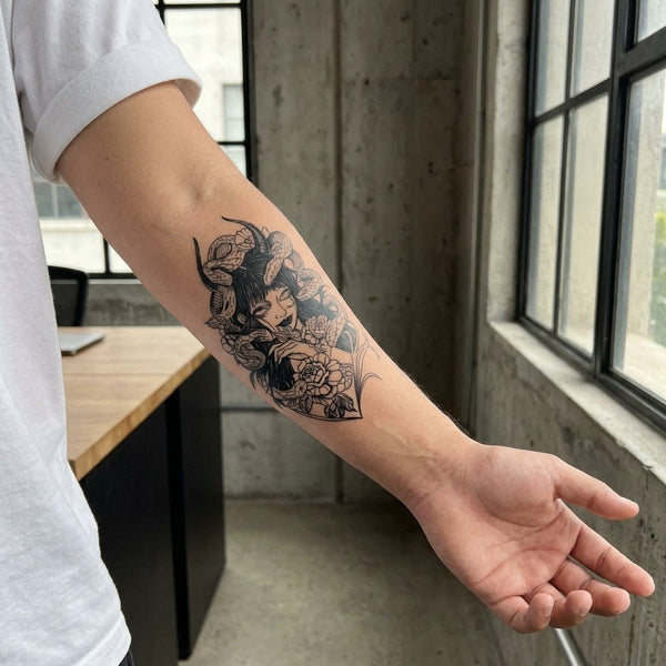 Snake goddess tattoo with roses, illustrative style, in blue-black jagua ink