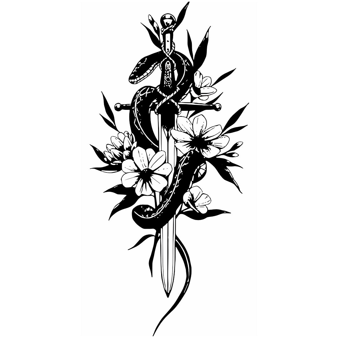 Snake - Wrapped Sword with Flowers Temporary Tattoo - 2 | Temporalis
