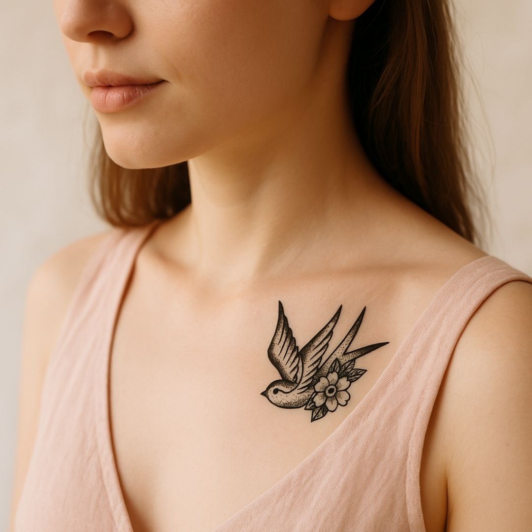 Temporary Tattoo: Swallow in Flight with Flower - 1 | Temporalis