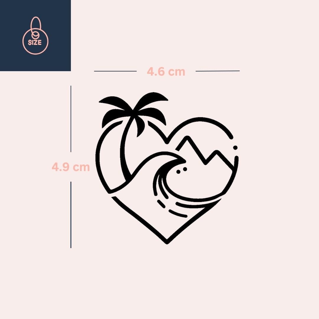 Tropical Heart Temporary Tattoo with Palm & Wave - 4 | Temporalis