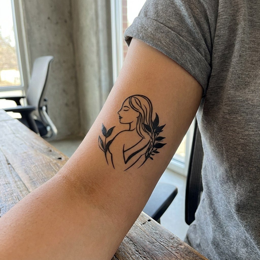 Woman With Botanical Leaves Tattoo - 1 | Temporalis