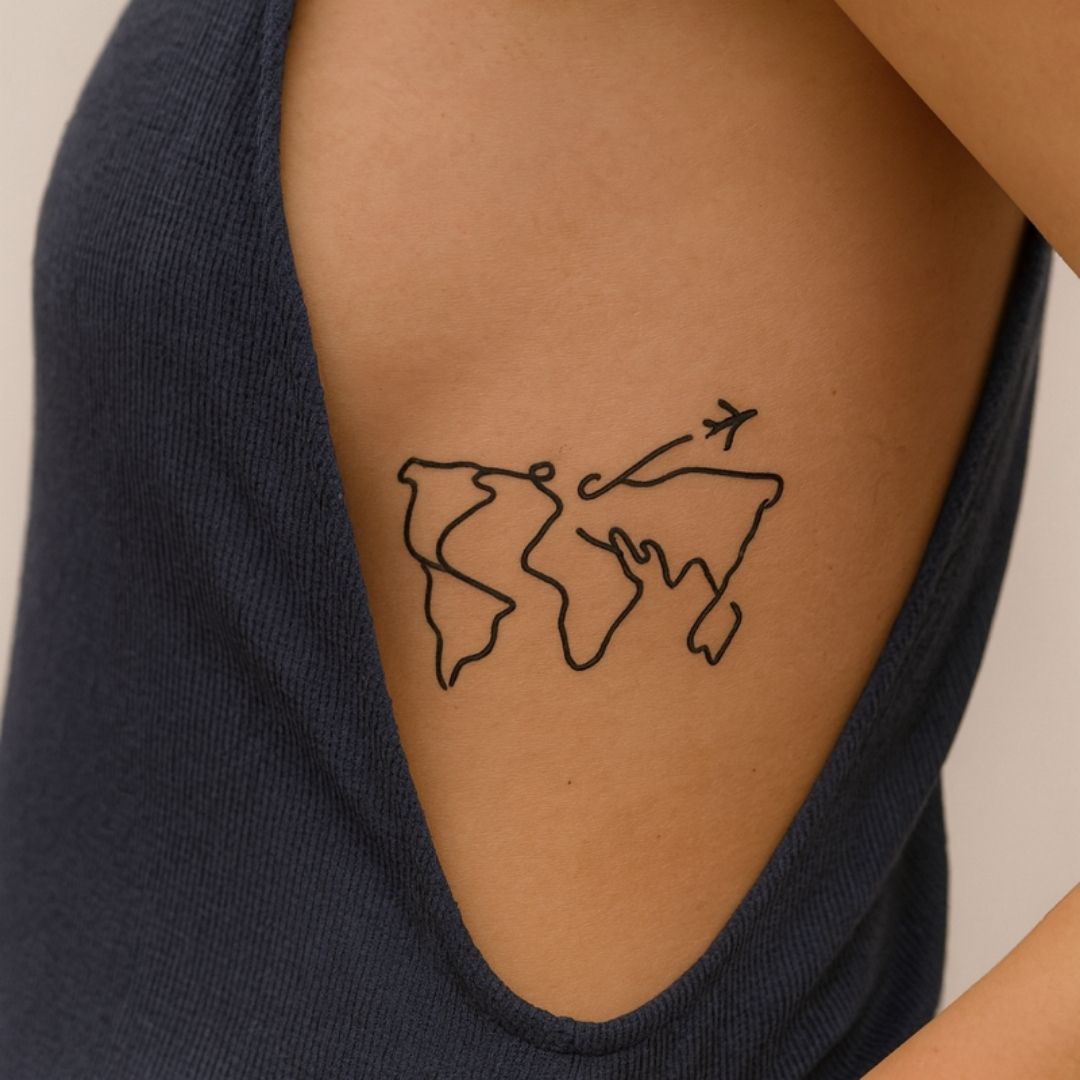World Map & Airplane Continuous Line Temporary Tattoo - 1 | Temporalis